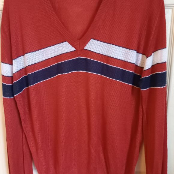 Size 46-48 P2P25" Vintage Red Striped V-Neck Lightweight Jumper - Picture 2 of 7